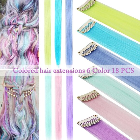 Colored Hair Extensions Synthetic 21 Inch Multi-colored Clip In Party Jewelry - Picture 2 of 8